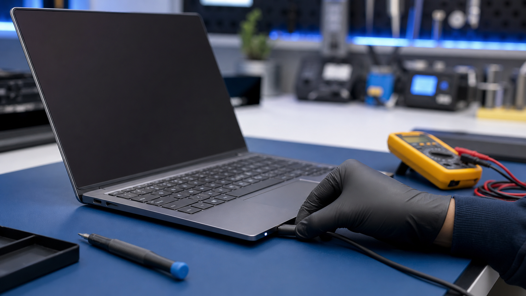 Technician checking a laptop charging connection on a professional repair bench.