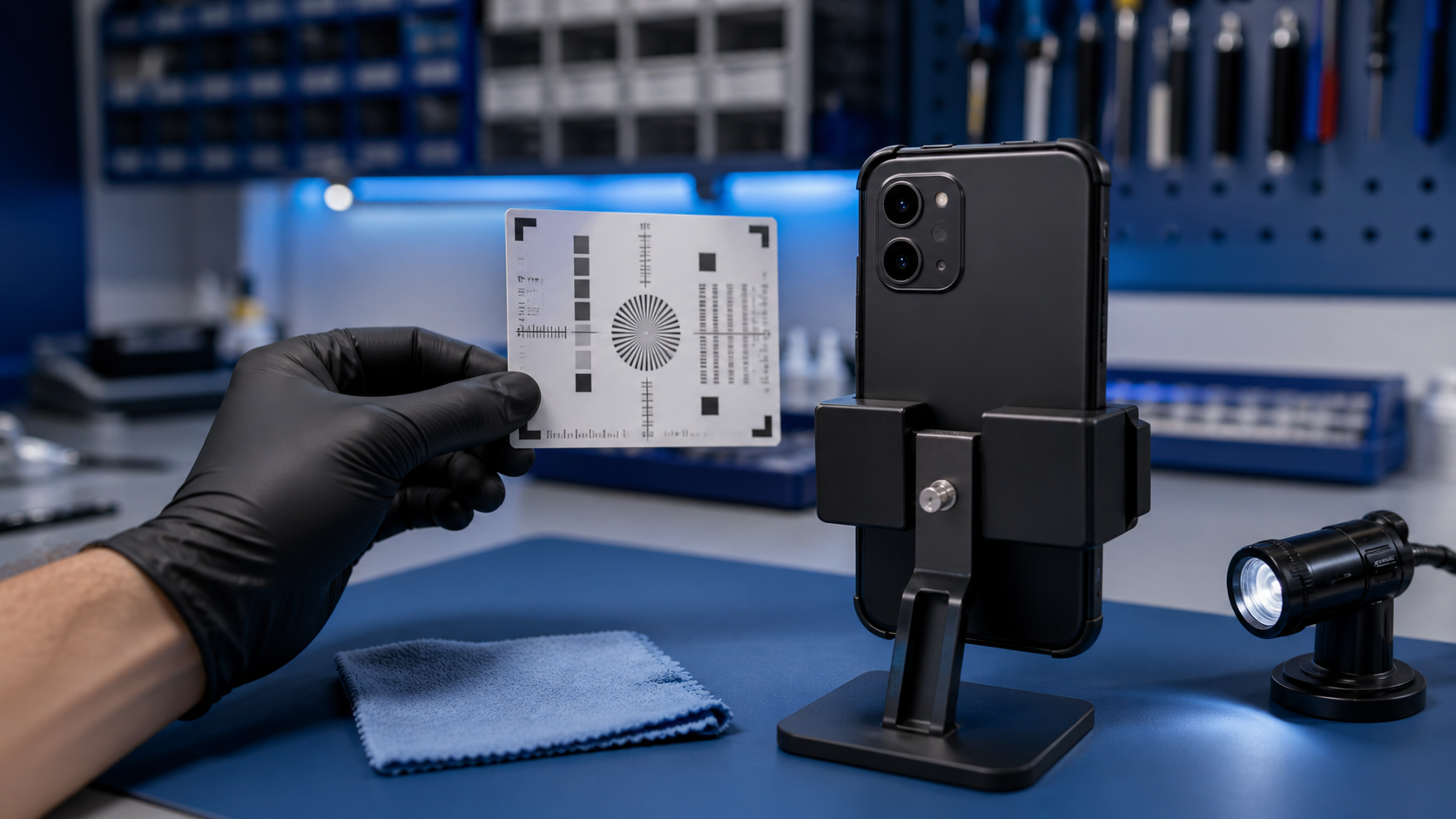 Technician testing a smartphone camera’s focus with a focus card on a professional repair bench.