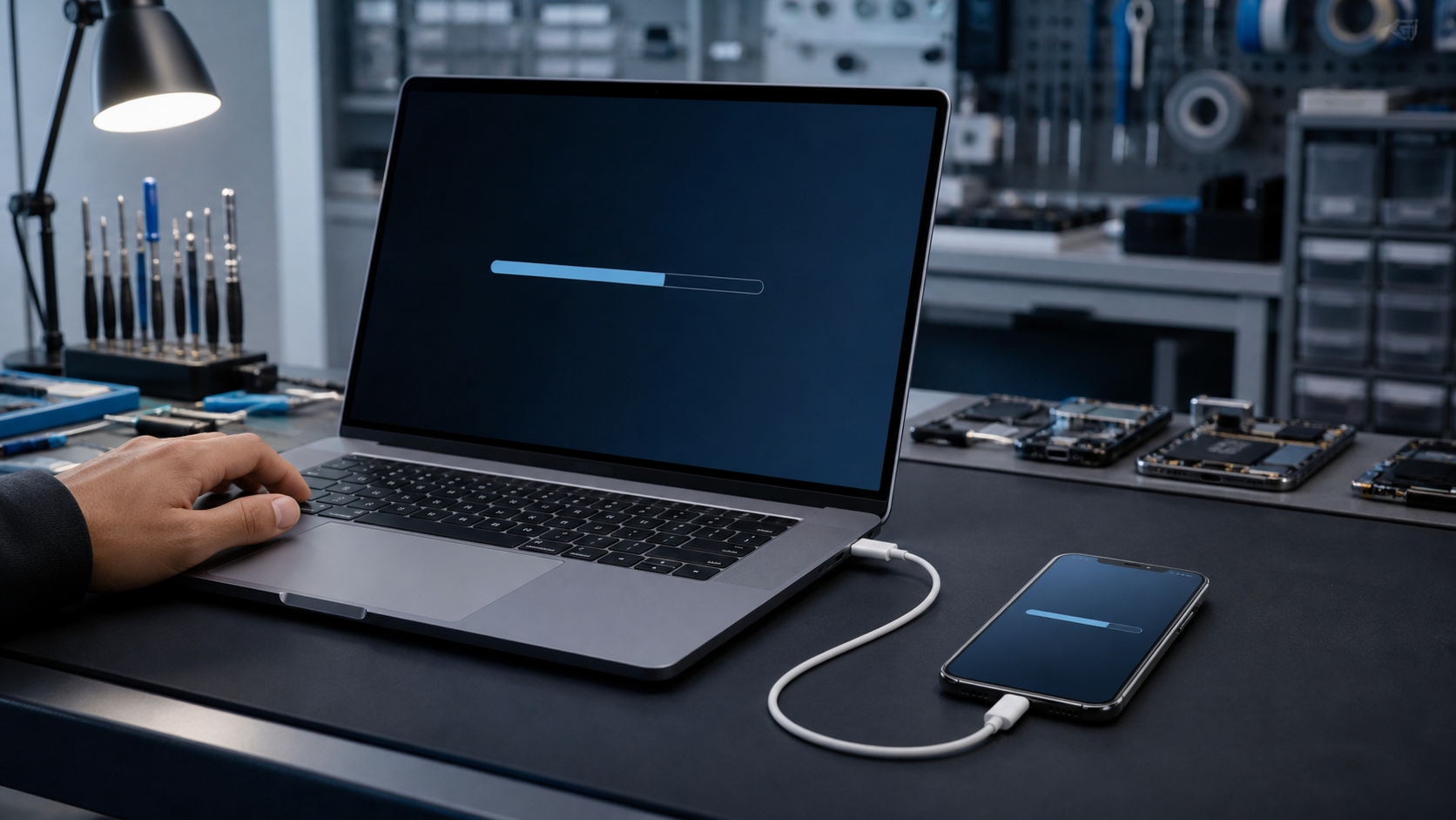 Phone connected to a laptop for a careful data backup.