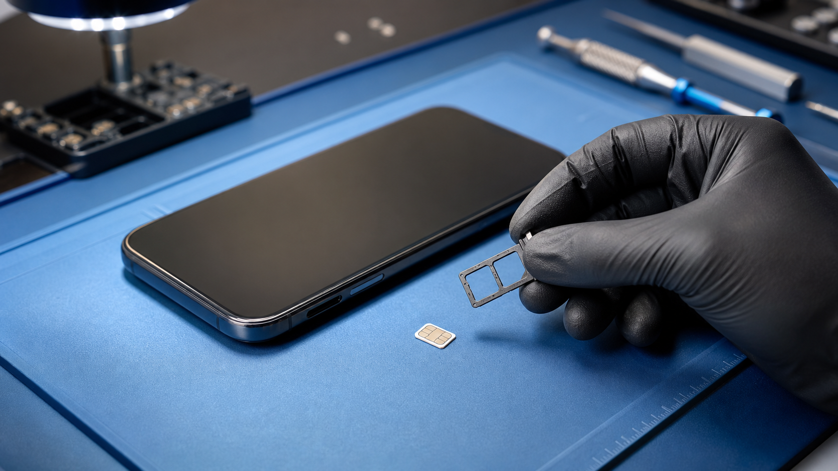 Technician inspecting a smartphone SIM tray beside a nano-SIM on a repair bench.