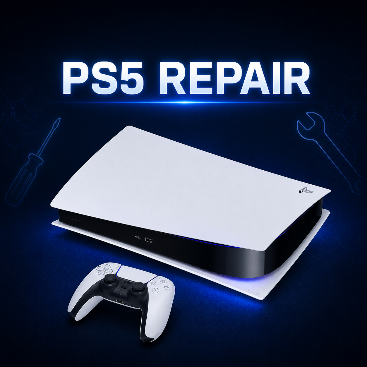 Consola y mando de PlayStation 5 preparados para su reparación.