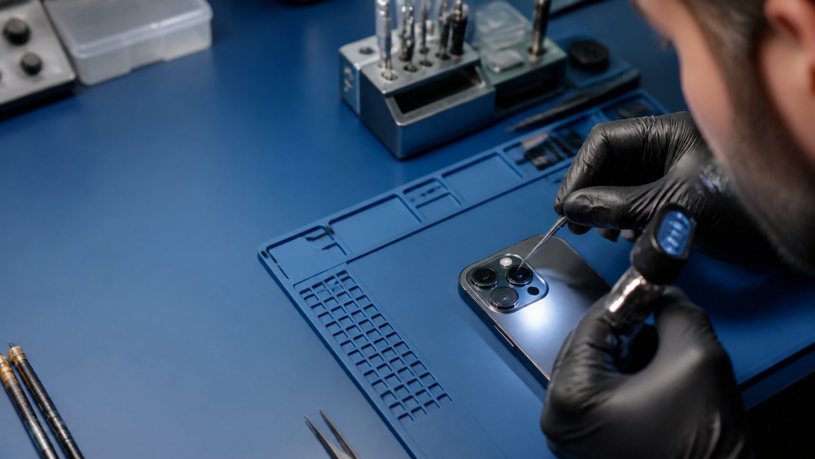 Technician inspecting a smartphone camera assembly