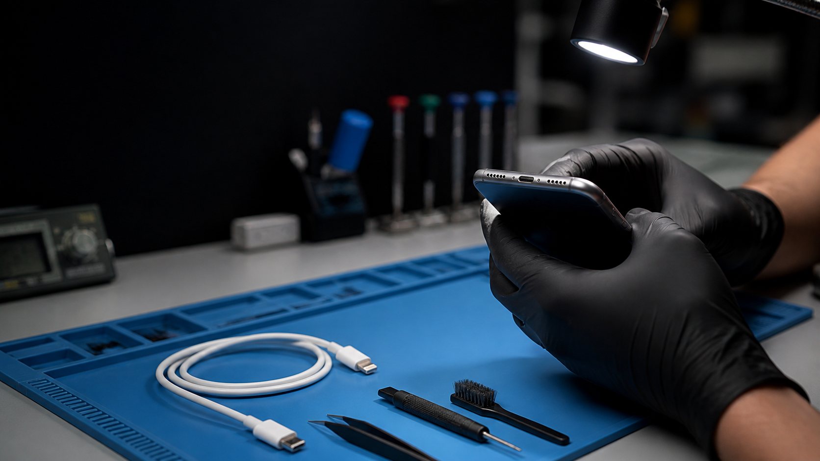Technician inspecting a smartphone charging port
