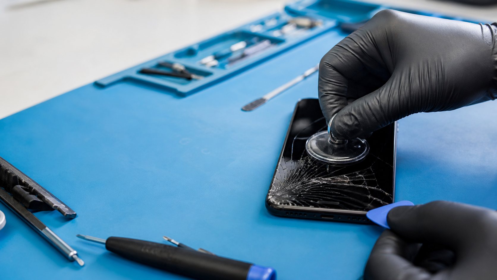 Technician carefully lifting a cracked smartphone screen for repair