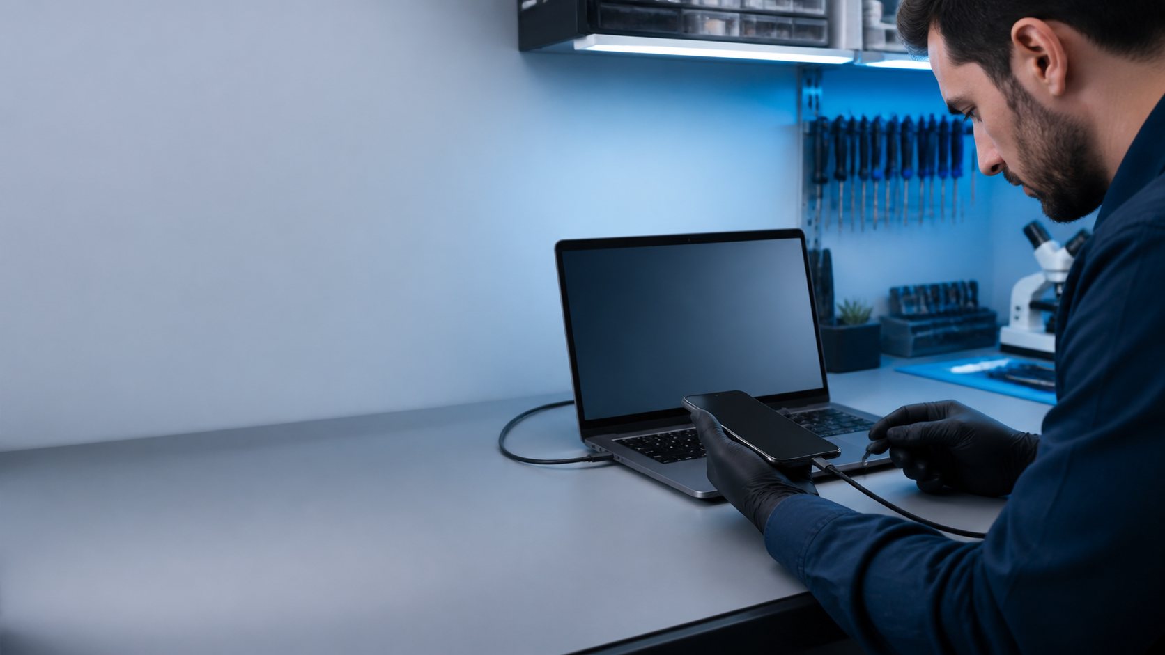 Technician assessing an authorized smartphone data connection