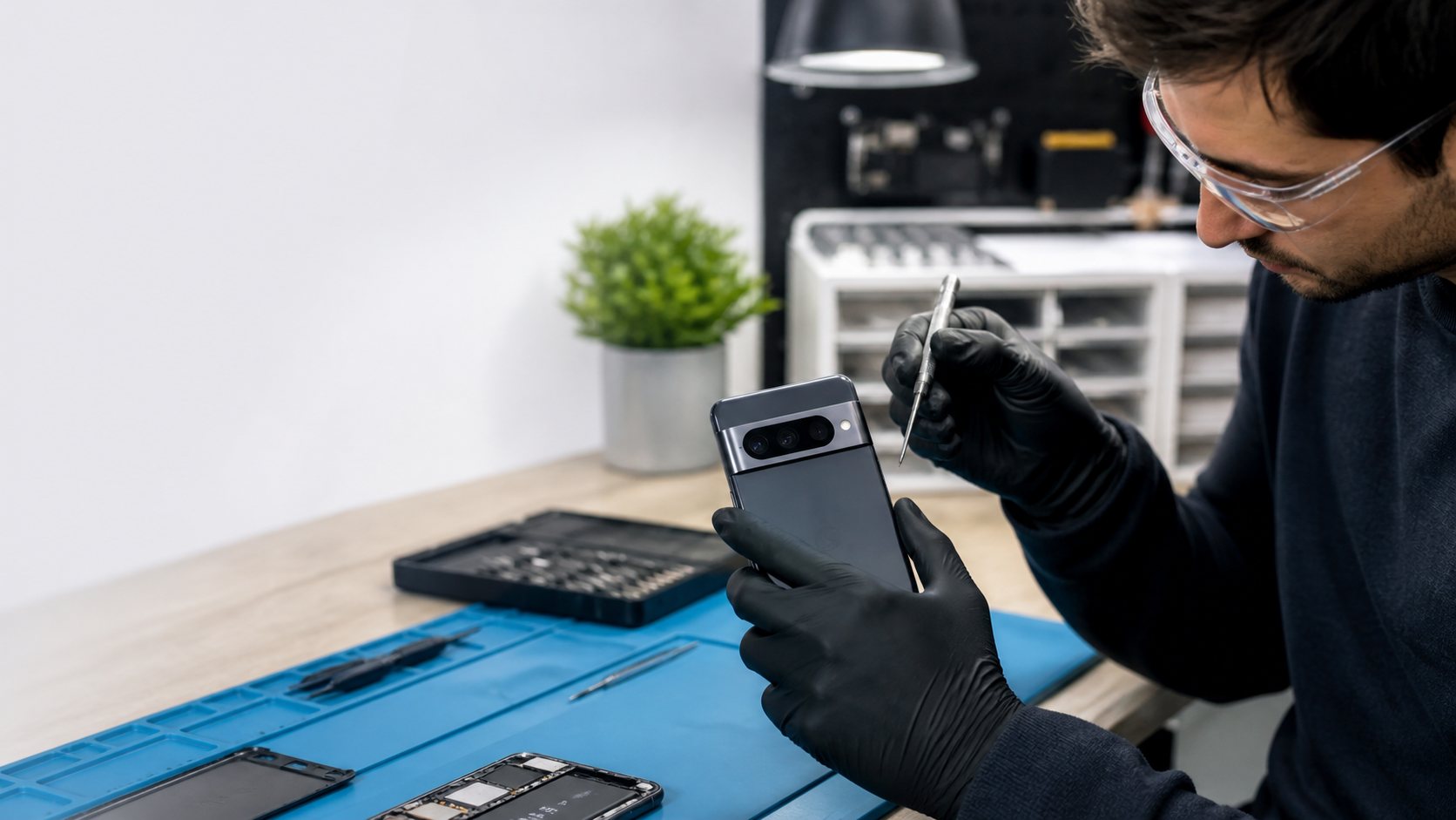 Technician inspecting a smartphone camera and display assembly