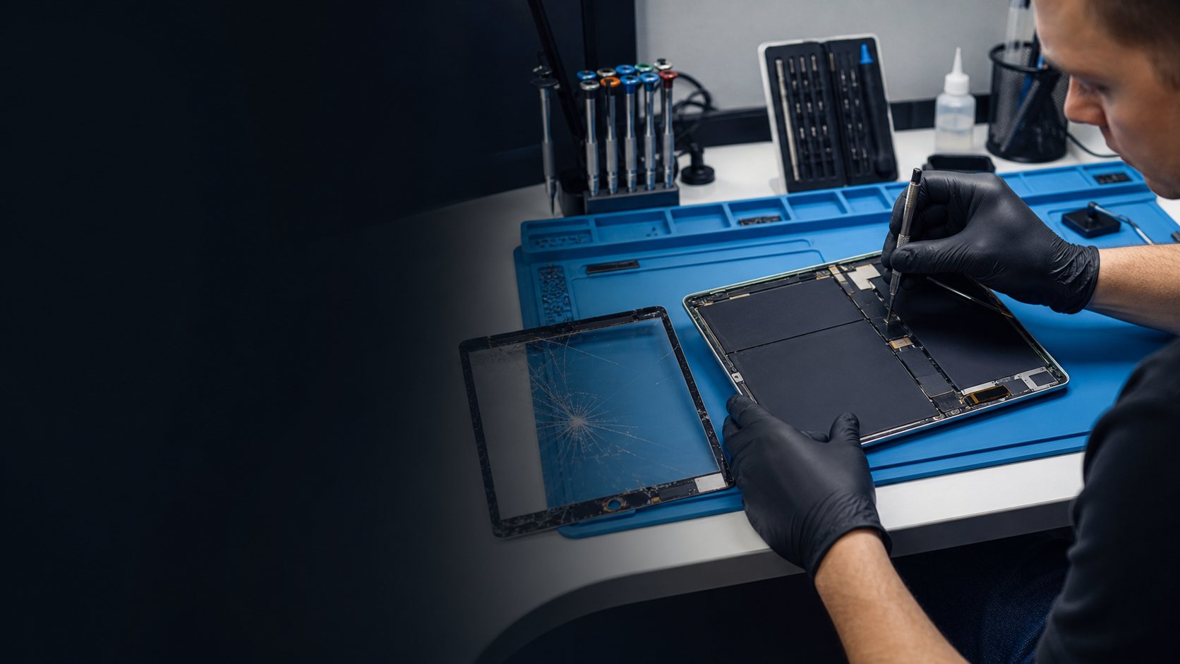Tablet screen repair in progress at a professional workbench