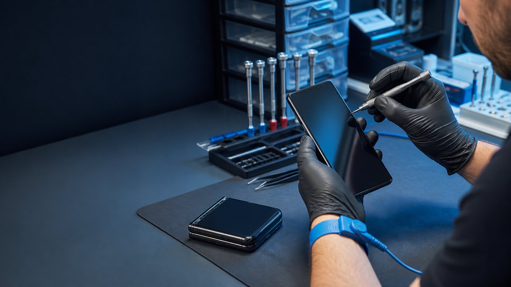 Technician diagnosing a modern Android smartphone at a repair bench