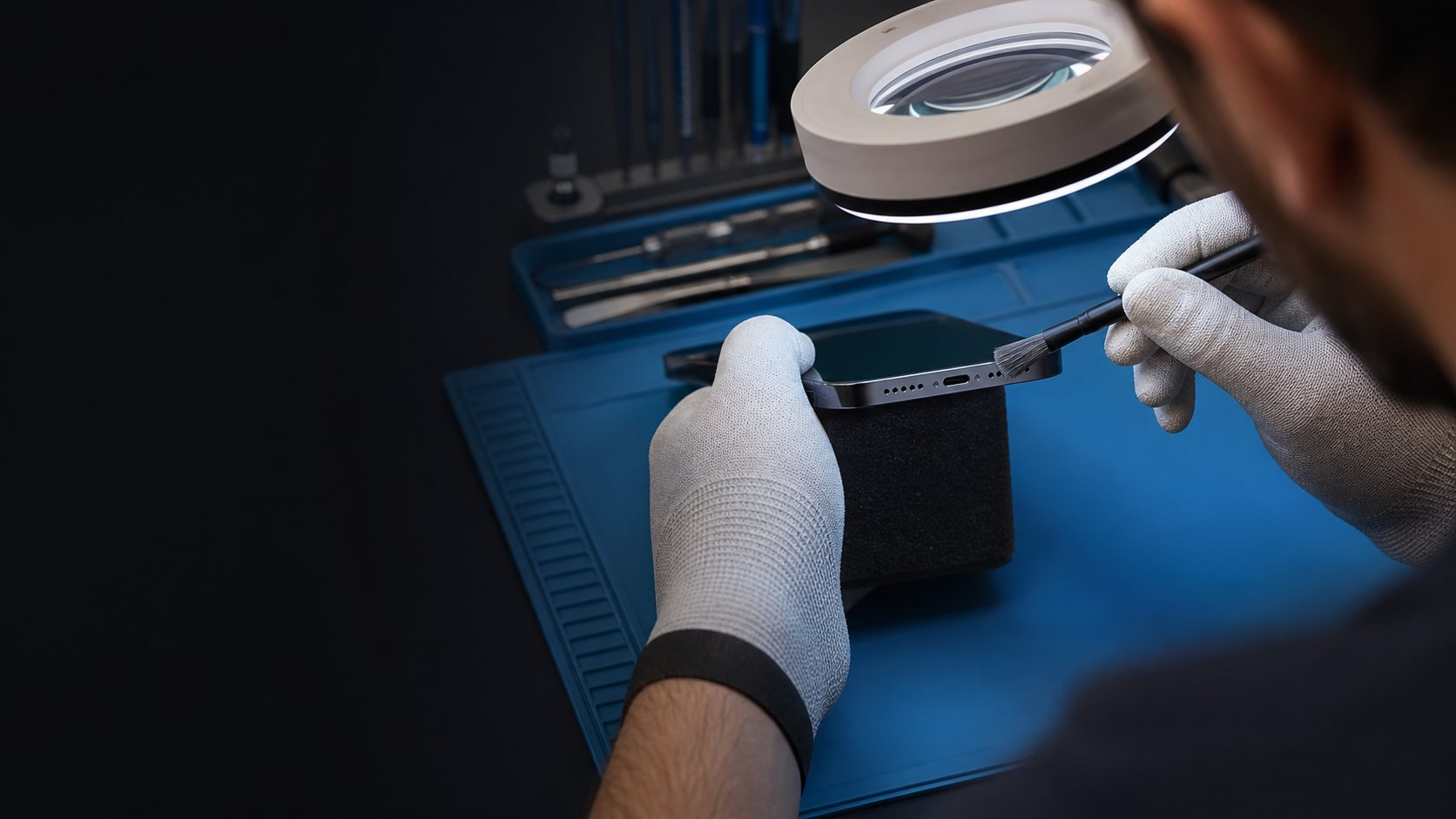 Technician cleaning a smartphone speaker and microphone grille