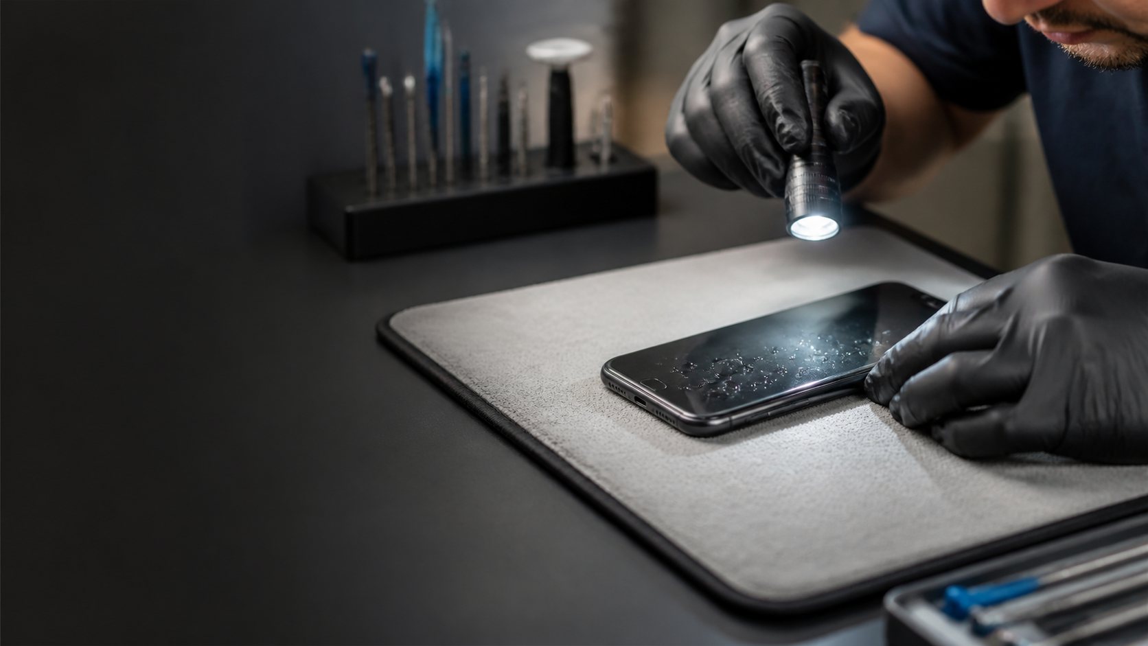 Powered-off smartphone being assessed after water exposure